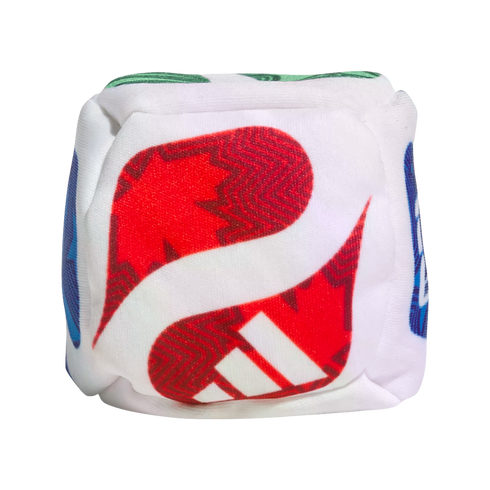 A plush white cube toy featuring colorful abstract graphics. The front face shows a red shape with white Adidas stripes.