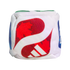 A plush white cube toy featuring colorful abstract graphics. The front face shows a red shape with white Adidas stripes.