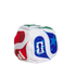 Small white plush cube featuring colorful FIFA World Cup 2026 and Adidas logos on its faces, set against a black background.