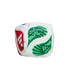 A soft white fabric cube with a green "FOOTSKILLZ" logo and red side pattern, isolated on a black background.