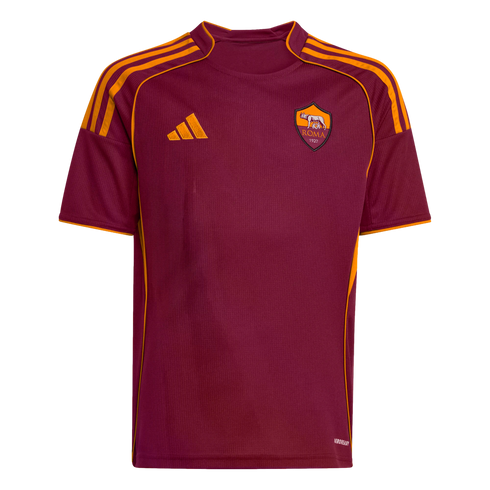 Maroon AS Roma football jersey with orange trim, the Adidas logo on the right chest, and the club crest on the left.