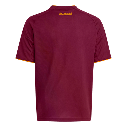 Rear view of a maroon soccer jersey with orange trim. 'ASROMA' is printed in orange on the upper back. The jersey is centered against a solid black background.