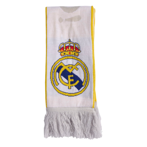 White Real Madrid scarf with yellow trim, white fringe, and the team's circular crest and crown in the center.