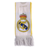 White Real Madrid scarf with yellow trim, white fringe, and the team's circular crest and crown in the center.
