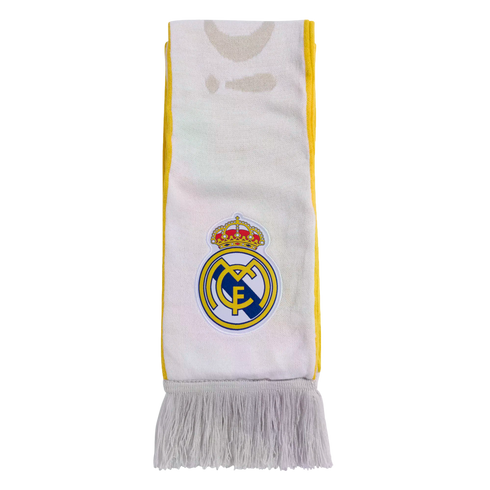 White Real Madrid scarf with yellow side borders and white fringe, featuring the club crest in the center.
