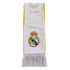 White Real Madrid scarf with yellow side borders and white fringe, featuring the club crest in the center.