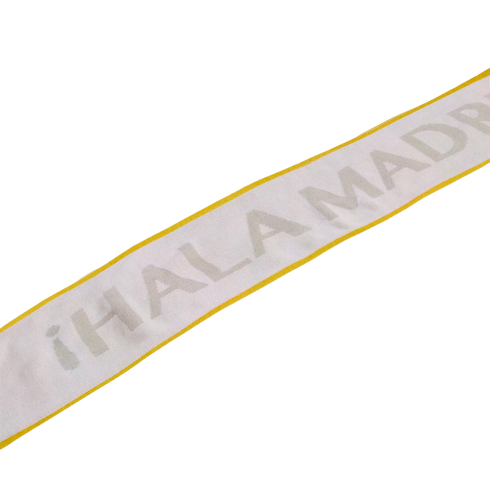A white ribbon with yellow borders featuring the gray text "¡HALA MADRID!" angled diagonally across a white background.