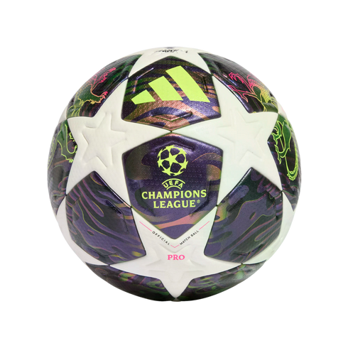 Adidas UEFA Champions League Pro official match ball with white star panels and iridescent purple and green patterned sections.