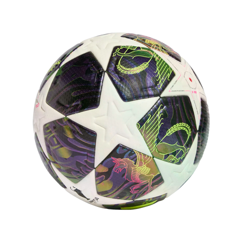 UEFA Champions League soccer ball with white star panels and iridescent dark sections decorated with neon dragon line art.