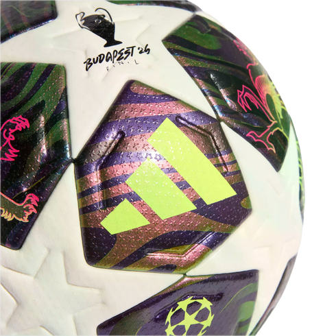 Close-up of an Adidas UEFA Champions League Budapest 26 Final football with white star panels and colorful iridescent patterned sections.