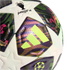 Close-up of an Adidas UEFA Champions League Budapest 26 Final football with white star panels and colorful iridescent patterned sections.