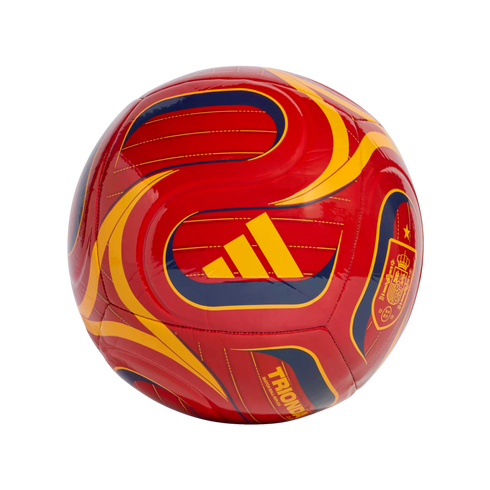 A red Adidas soccer ball with yellow and blue wavy designs, the Spanish national team crest, and "TRIONDA" text.
