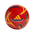 A red Adidas soccer ball with yellow and blue wavy designs, the Spanish national team crest, and "TRIONDA" text.