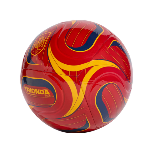 A red soccer ball with yellow and navy blue curved designs, featuring the Trionda Club logo and the Spanish football federation crest on a black background.