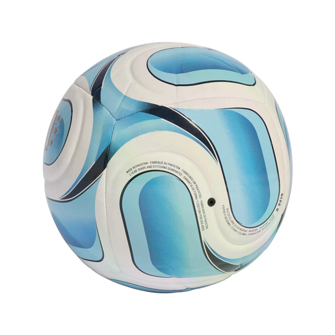A size 5 white soccer ball featuring light and dark blue swirling patterns and black text including manufacturing details and a 2-year guarantee.