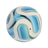 A size 5 white soccer ball featuring light and dark blue swirling patterns and black text including manufacturing details and a 2-year guarantee.