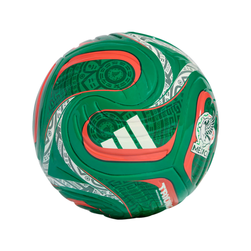Green Adidas soccer ball with red and white accents, the Mexico national team crest, and intricate Aztec-inspired patterns on a black background.