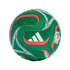 Green Adidas soccer ball with red and white accents, the Mexico national team crest, and intricate Aztec-inspired patterns on a black background.