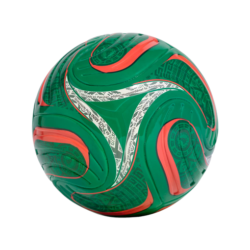 Green Adidas mini soccer ball featuring curved orange stripes and white bands with black text and intricate patterns.
