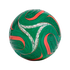 Green Adidas mini soccer ball featuring curved orange stripes and white bands with black text and intricate patterns.