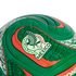Close-up of a glossy green soccer ball featuring the Mexico national team crest, with red and white accents and textured patterns.