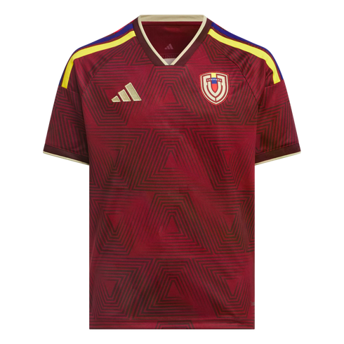 A maroon Adidas Venezuela national soccer jersey featuring a repeating geometric pattern, yellow and blue shoulder stripes, and the team crest on the chest.