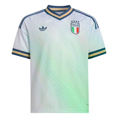 Adidas Italy national team soccer jersey featuring a white and light green gradient pattern, blue and gold trim, and the national crest with four stars.