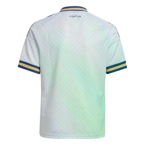 Back view of a white jersey with a geometric pattern, blue and gold trim on the collar and sleeves, and "italia" written in script below the neckline.