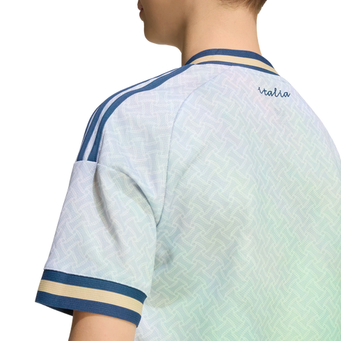 Rear view of a light blue and green patterned sports jersey featuring blue and gold trim and "italia" scripted on the back shoulder.