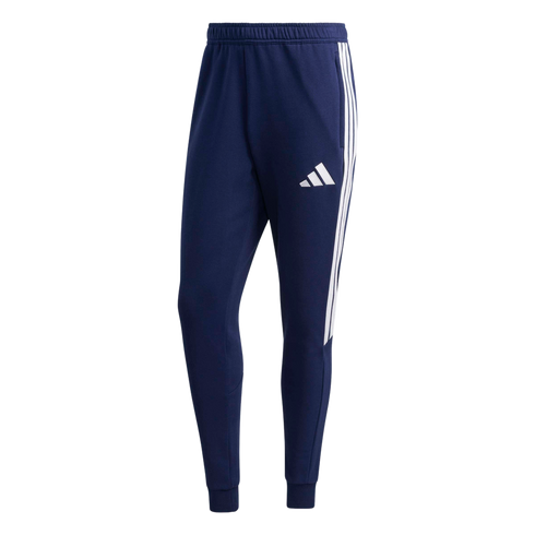 Navy blue Adidas sweatpants with three white side stripes and the white logo on the thigh. Features an elastic waistband and ankle cuffs.