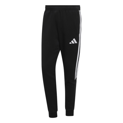 Black Adidas sweatpants with a white logo on the left thigh and white stripes down the side of the right leg.