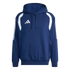 Navy blue Adidas hoodie with white curved shoulder panels, three-stripe sleeve accents, and a white chest logo. It features a drawstring hood and a front pouch pocket.