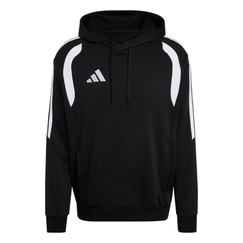 Black Adidas pullover hoodie with white curved shoulder accents, three-stripe sleeves, and a white logo on the chest.