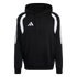 Black Adidas pullover hoodie with white curved shoulder accents, three-stripe sleeves, and a white logo on the chest.