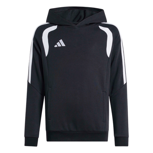 A black Adidas hoodie featuring white curved shoulder accents, stripes on the outer sleeves, and a three-bar logo on the chest.