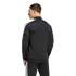 Rear view of a man wearing a black track jacket with white stripes on the shoulders and matching black pants, standing against a plain background.