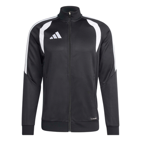 A black Adidas track jacket with white shoulder accents, sleeve stripes, and logo. Features a full front zipper and CLIMACOOL branding.