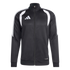 A black Adidas track jacket with white shoulder accents, sleeve stripes, and logo. Features a full front zipper and CLIMACOOL branding.