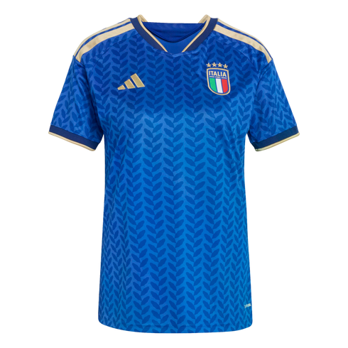 Blue Italy football jersey with gold Adidas stripes and logo, featuring a tonal leaf pattern and the national team crest with four stars.