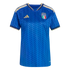 Blue Italy football jersey with gold Adidas stripes and logo, featuring a tonal leaf pattern and the national team crest with four stars.