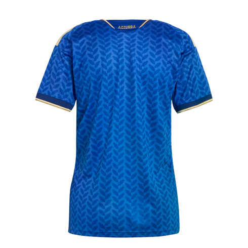 Back of a blue soccer jersey featuring a tonal laurel leaf pattern, gold trim on the collar and cuffs, and the word 'AZZURRA' printed in gold on the back neck.