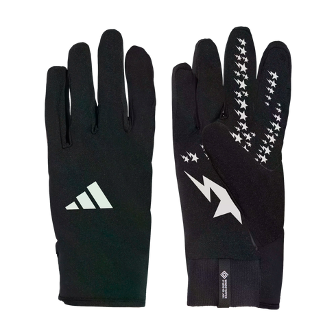 Black Adidas gloves showing the back and palm. Features a white logo on the back, white star and lightning bolt graphics on the palm, and a Windstopper label on the cuff.