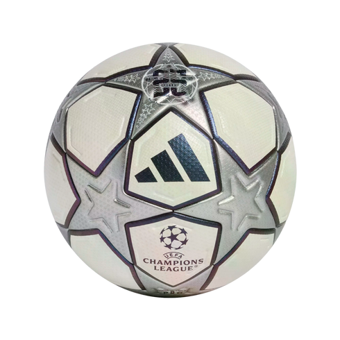 Adidas UEFA Champions League soccer ball with silver star panels and white sections. Features the Adidas logo, Champions League logo, and a "25 Years" anniversary graphic.