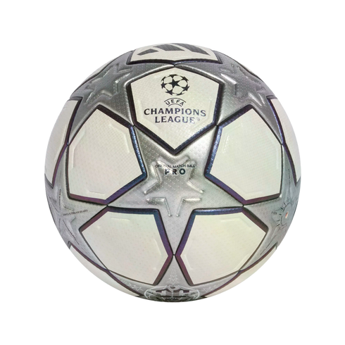 Silver and white UEFA Champions League official match soccer ball with a star pattern design, set against a black background.