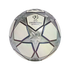 Silver and white UEFA Champions League official match soccer ball with a star pattern design, set against a black background.