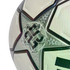 Close-up of a white and silver textured soccer ball with a star panel featuring a 20th-anniversary "Official Match Ball Supplier" logo.