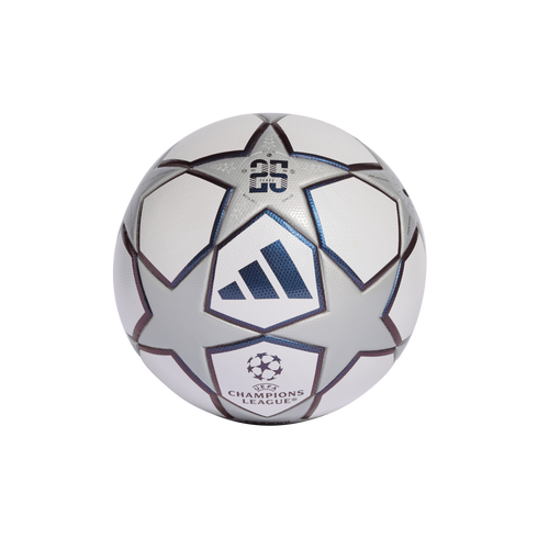 Silver and white Adidas UEFA Champions League soccer ball with iconic star panels and a "25 YEARS" commemorative logo, isolated on a black background.