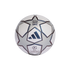 Silver and white Adidas UEFA Champions League soccer ball with iconic star panels and a "25 YEARS" commemorative logo, isolated on a black background.