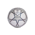 White and silver UEFA Champions League replica soccer ball with blue star panels on a black background.