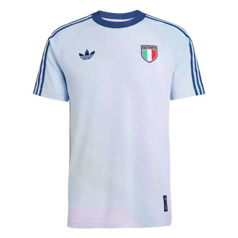 A light blue Adidas Italy national team jersey with dark blue sleeve stripes, featuring the Adidas Trefoil logo and the Italian team crest on the chest.